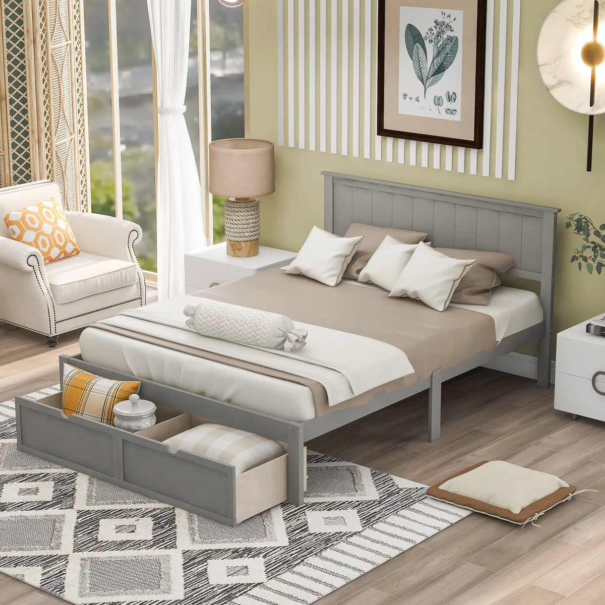 Full Size Bed Frame with Trundle and Storage Bookcase I561760