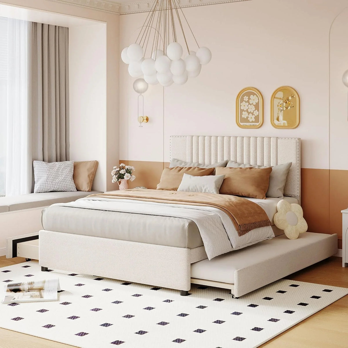 Beige Full Size Upholstered Platform Bed with 2 Drawers M169027