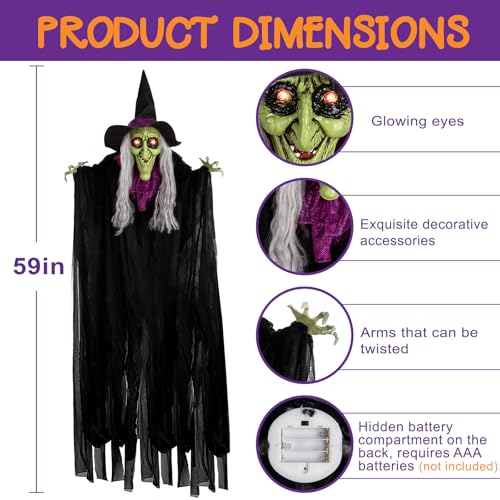 59” Animated Hanging Witch Halloween Decoration with Glowing Eyes and Sounds R4759
