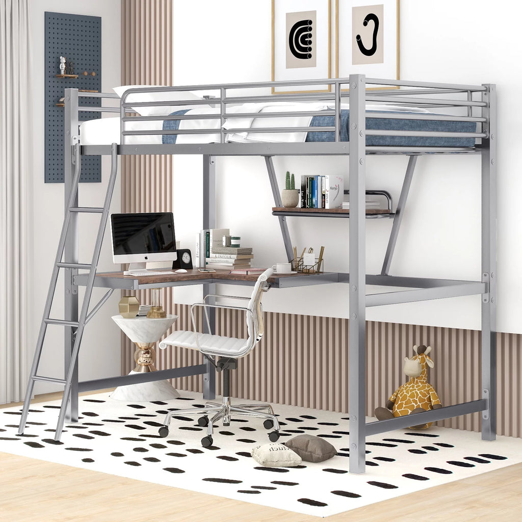 Twin Size Metal Loft Bed with Desk and Storage Shelf D85876