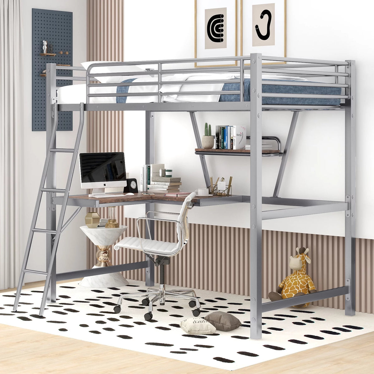 Twin Size Metal Loft Bed with Desk and Storage Shelf D85876