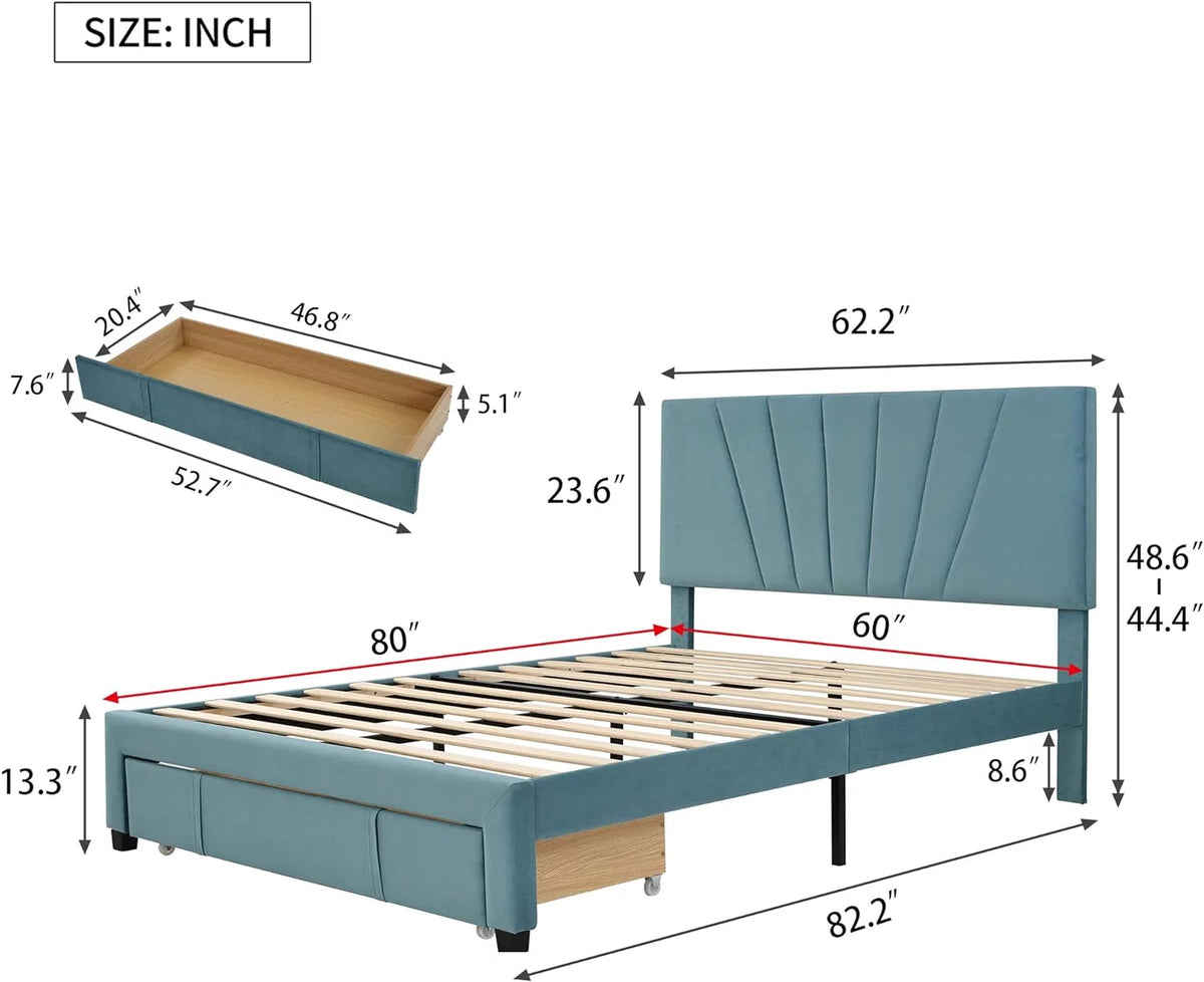 Queen Size Velvet Upholstered Platform Bed Frame with Drawer A2072