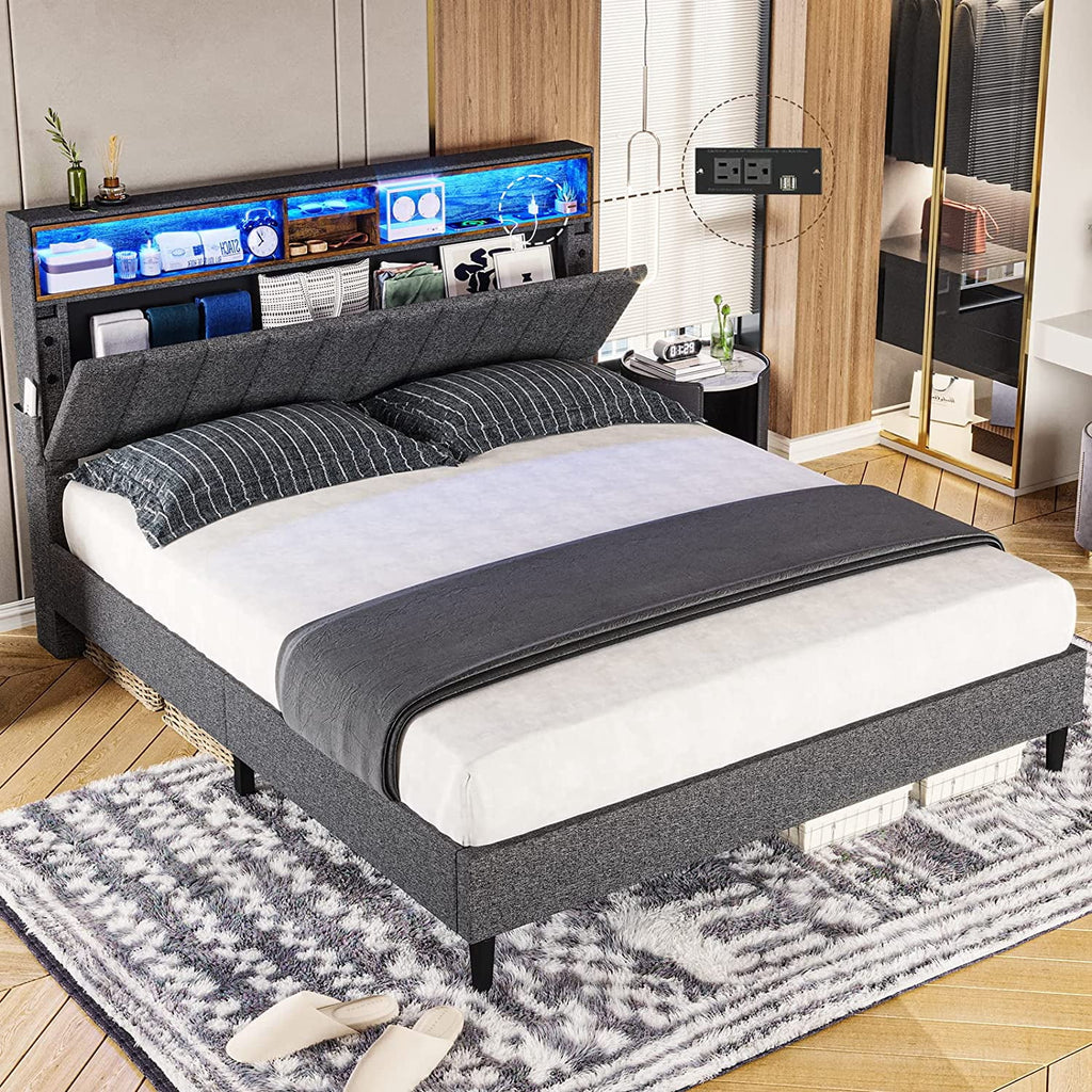 Dark Grey Queen Upholstered Platform Bed Frame with Storage Headboard L74027
