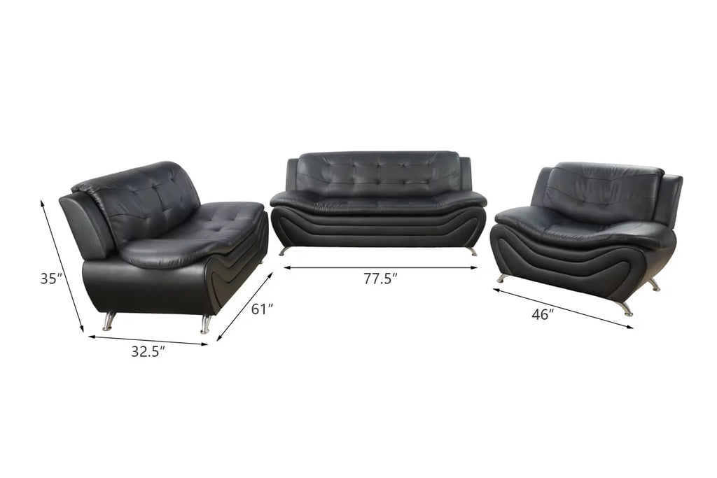 3 Piece Faux Leather Sofa Loveseat and Chair Set Black M1906