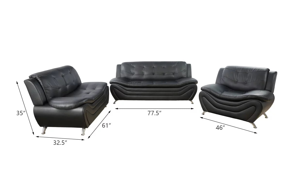 3 Piece Faux Leather Sofa Loveseat and Chair Set Black M1906