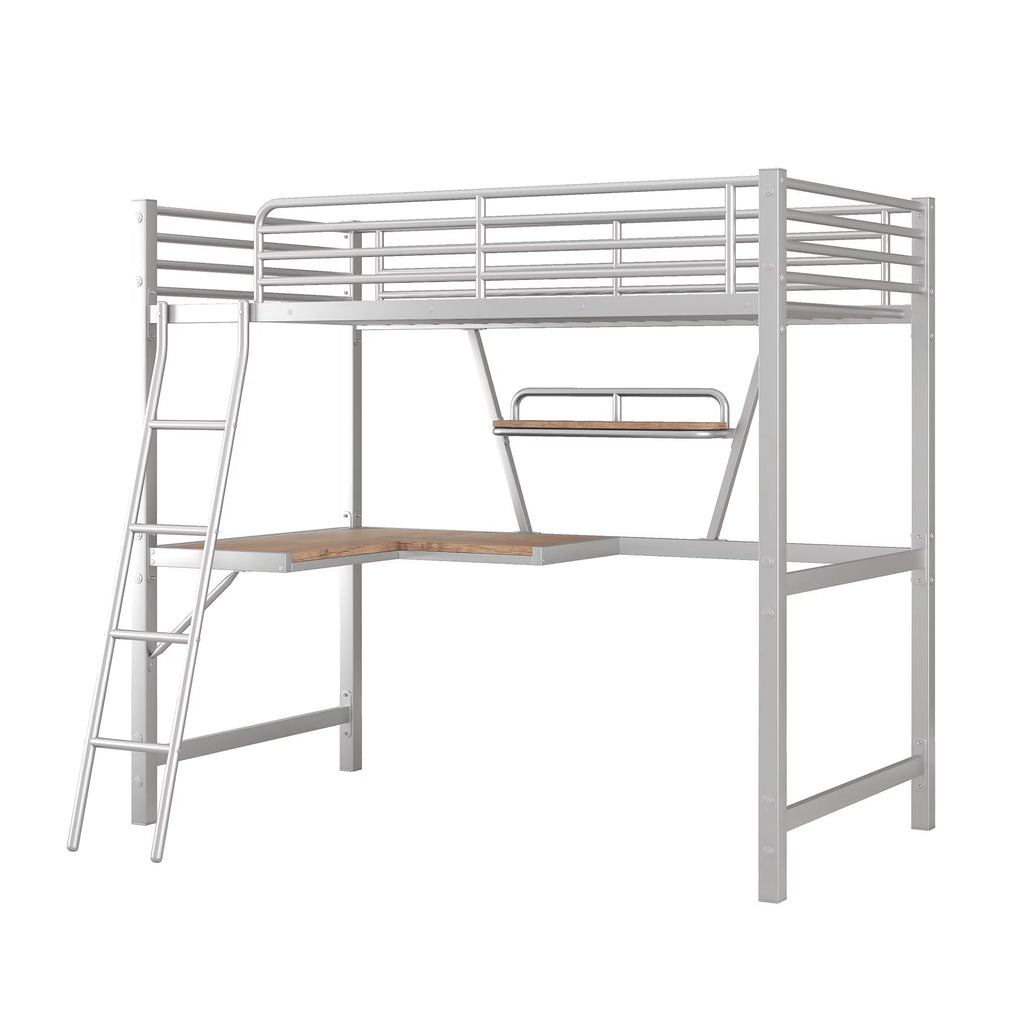 Twin Size Metal Loft Bed with Desk and Storage Shelf D85876