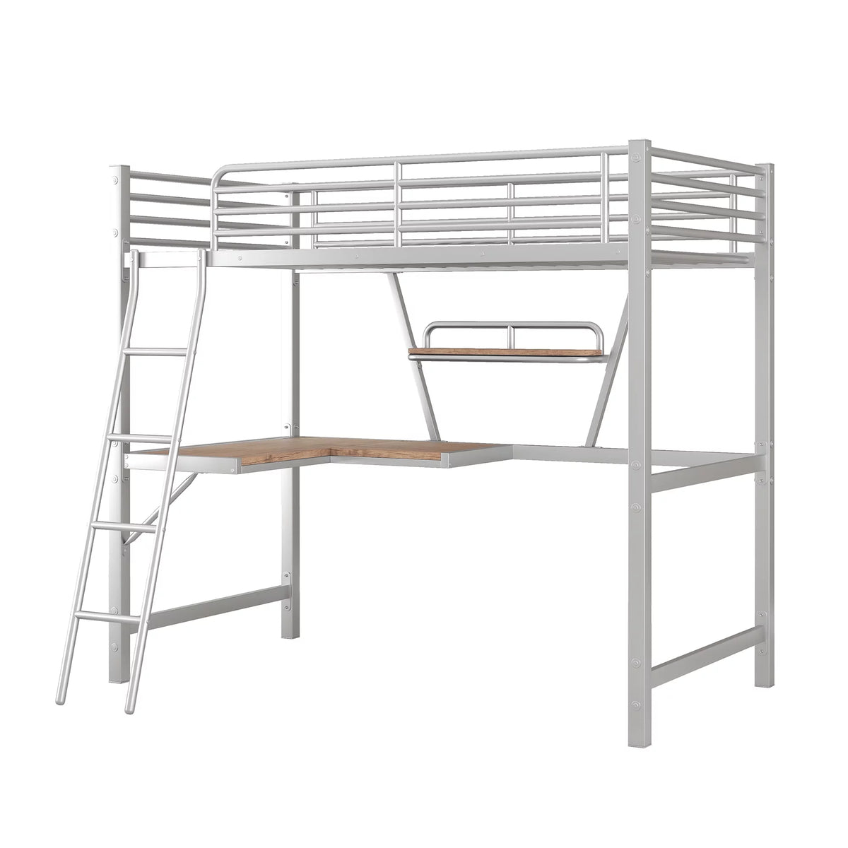 Twin Size Metal Loft Bed with Desk and Storage Shelf D85876