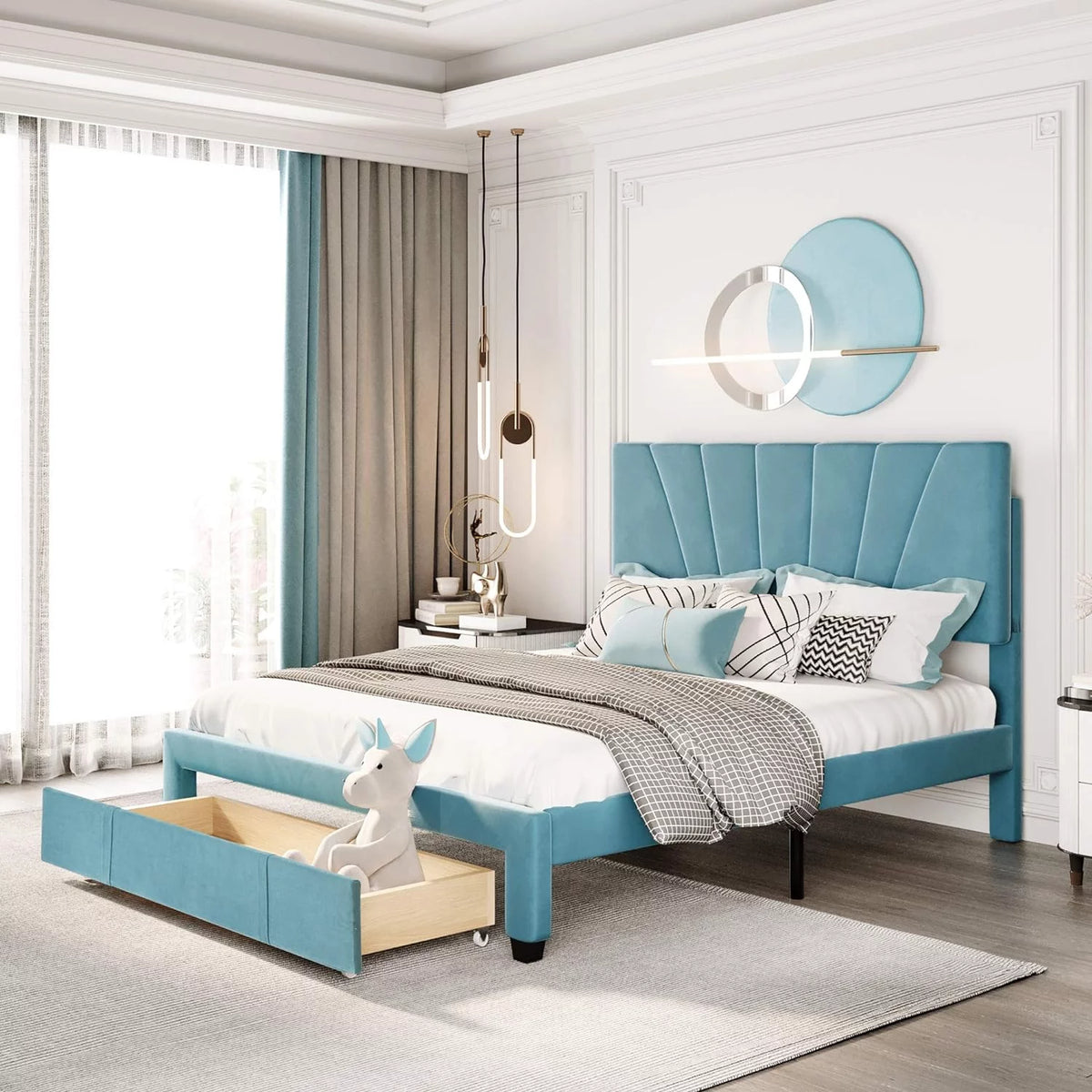 Queen Size Velvet Upholstered Platform Bed Frame with Drawer A2072