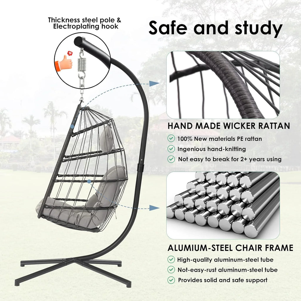 Egg Swing Chair with Bracket Outdoor Rattan Wicker Basket Hammock Chair with Aluminium Steel Frame and UV Cushion E420601