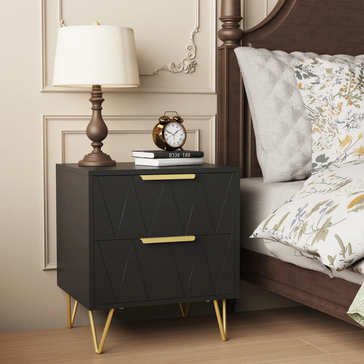 Black 2 Drawer Nightstand Bedside Table with Storage O7871