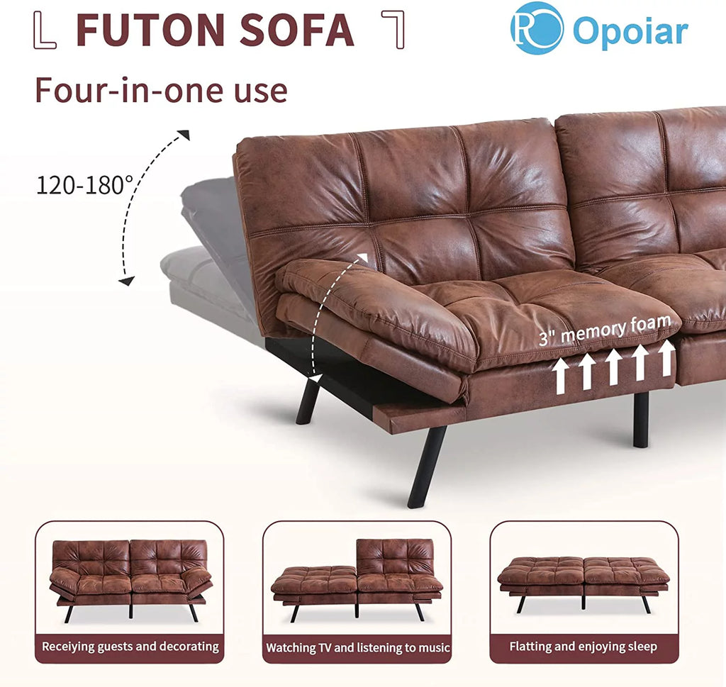 Leather Convertible Memory Foam Futon Sofa Bed with Mattress D155