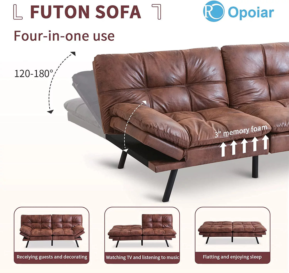 Leather Convertible Memory Foam Futon Sofa Bed with Mattress D155