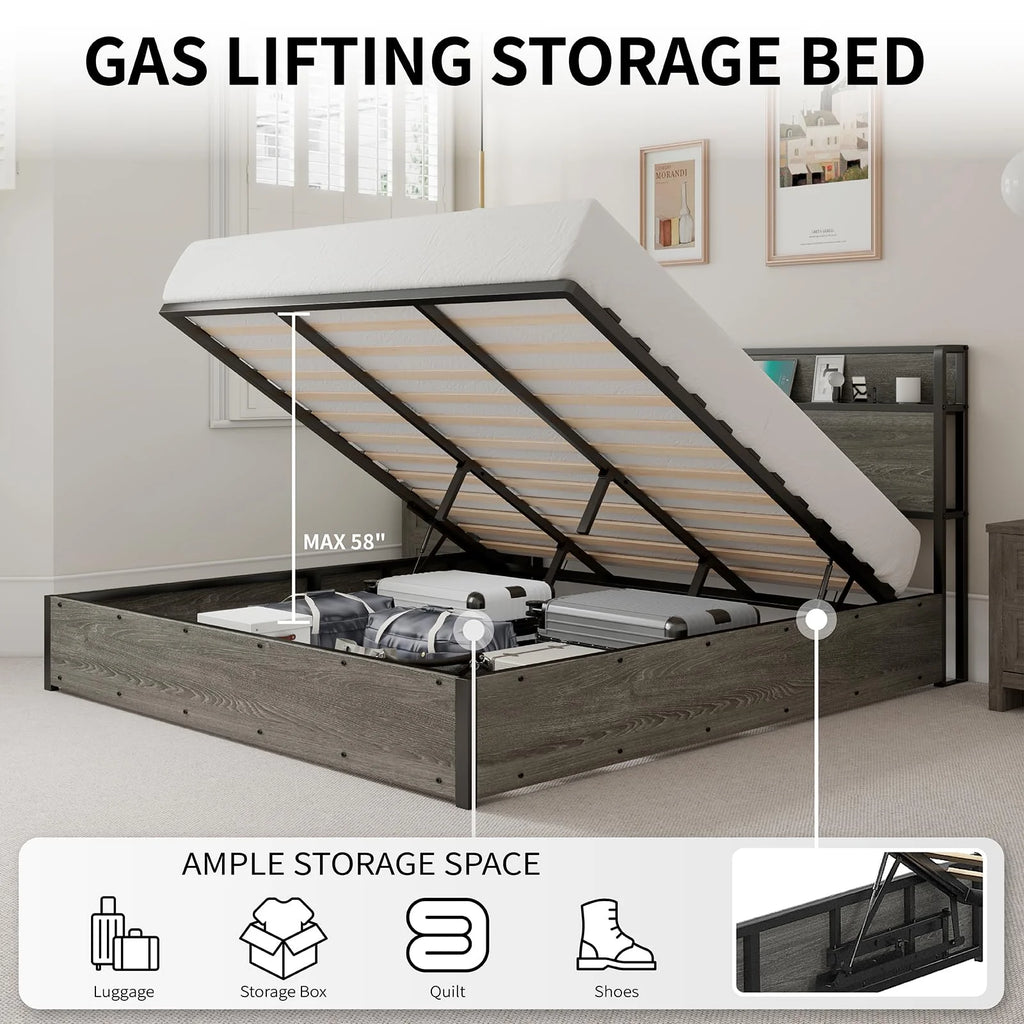 Queen Size Lift up Storage Bed with Charging Station Q476