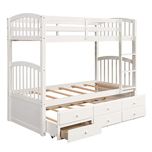 White Twin Bunk Bed with Ladder, Safety Rail and Trundle P797155