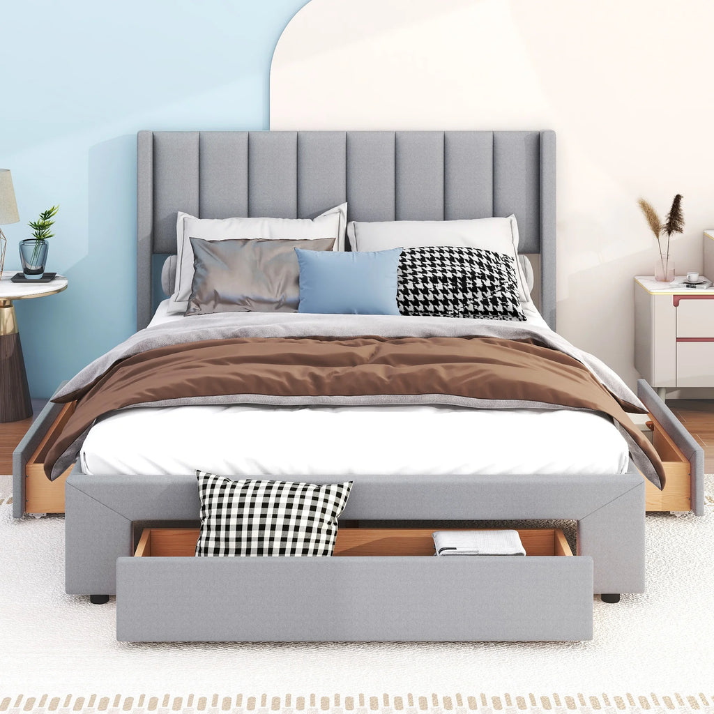 Queen Size Upholstery Platform Bed with Three Storage Drawers G94010