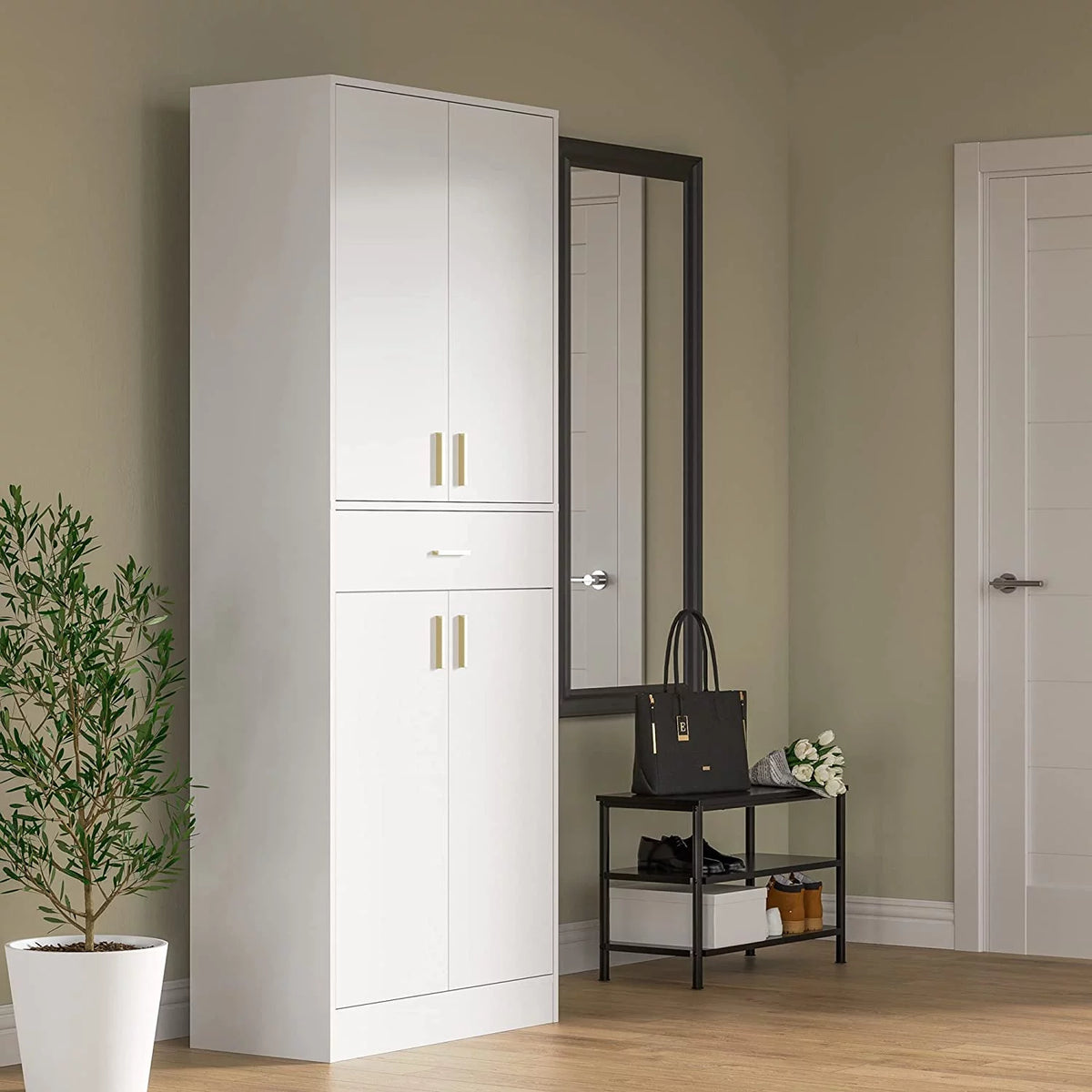 White 70" Freestanding Storage Cabinet with Doors and Adjustable Shelves N665