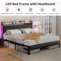 Black Upholstered Platform Bed Frame with Storage Headboard R18745