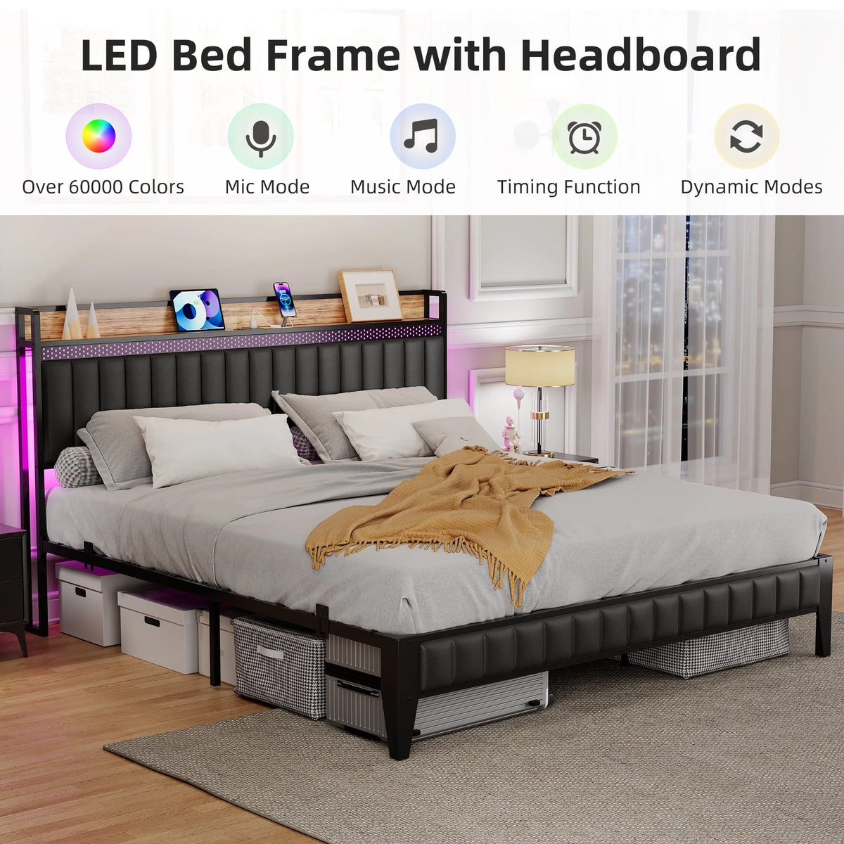 Black Upholstered Platform Bed Frame with Storage Headboard R18745