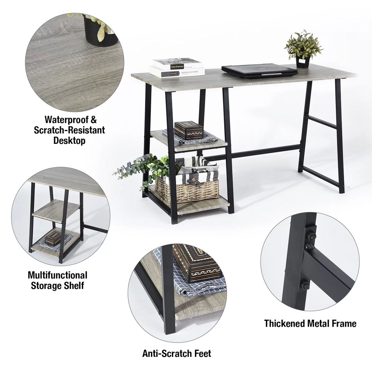 47'' Dark Grey Computer Writing Desk with 2-Tier Storage Shelves U25670