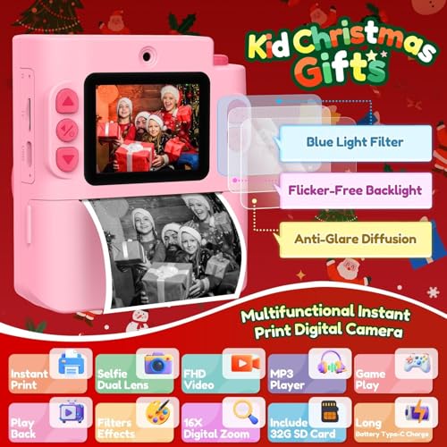 Instant Print Dual Lens Digital Camera with 32G SD Card Storage Bag Pink J26661