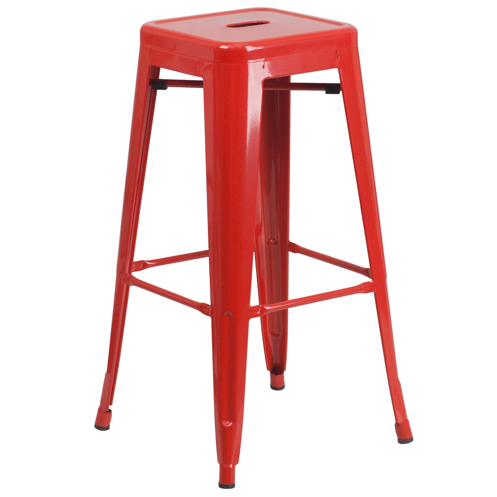 Commercial Grade Round Red Metal Indoor-Outdoor Bar Table Set with 2 Backless Stools D271