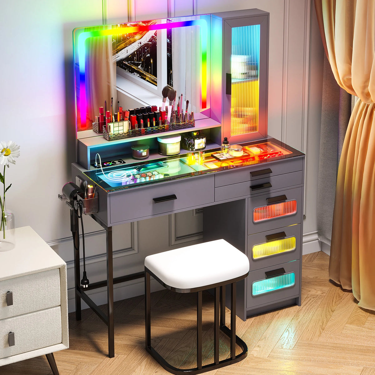 Grey Vanity Desk with Mirror and 6 Drawers H57640