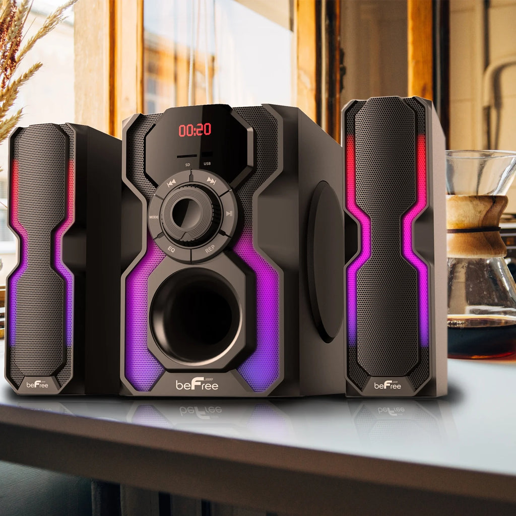 2.1 Channel Bluetooth Wired Speaker Stereo System with LED Lights, FM Radio, USB & SD Inputs - Black & Silver J6848