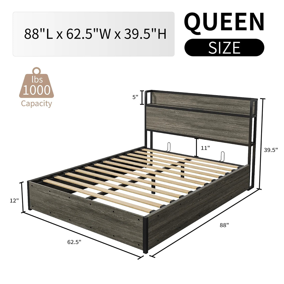 Queen Size Lift up Storage Bed with Charging Station Q476