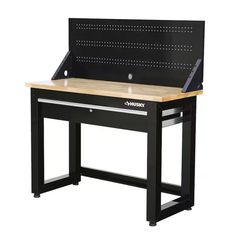 Black Solid Wood Top Workbench with Pegboard and 1 Drawer V3184