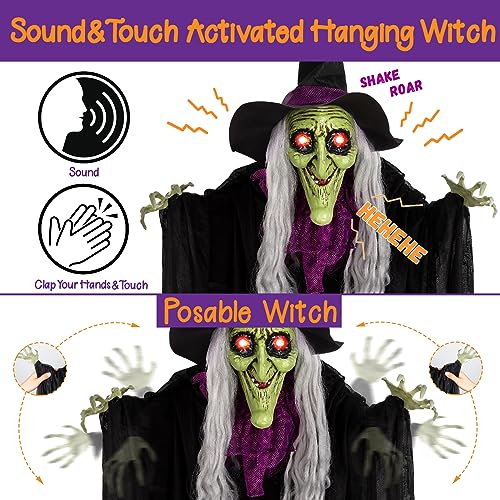 59” Animated Hanging Witch Halloween Decoration with Glowing Eyes and Sounds R4759