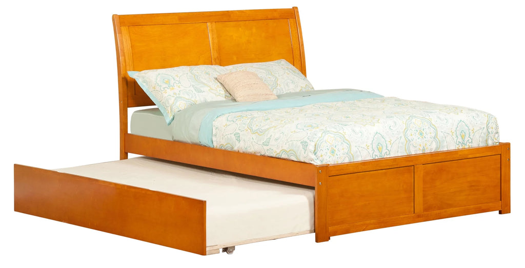 Caramel Wood Sleigh Platform Bed with Footboard and Twin Trundle O975