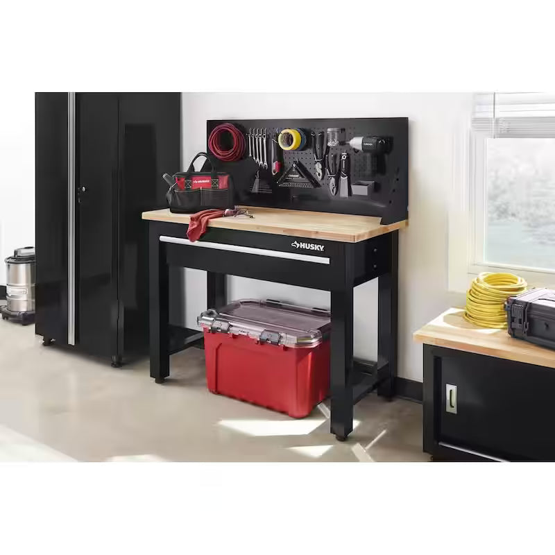 Black Solid Wood Top Workbench with Pegboard and 1 Drawer V3184