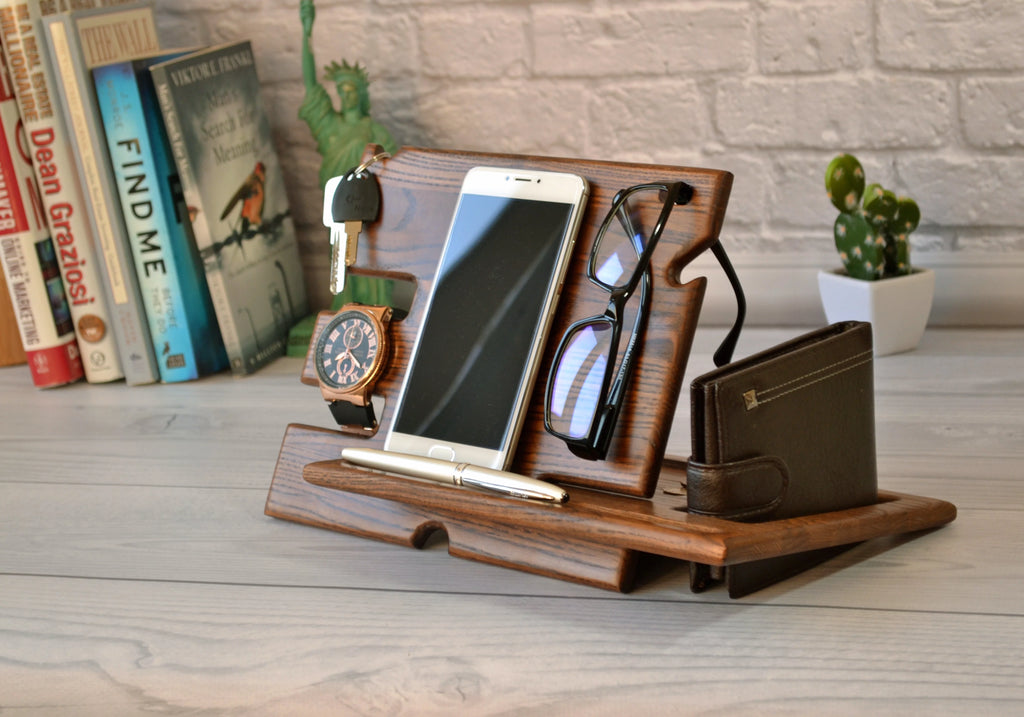 Wood Phone Docking Station Key Holder Wallet Stand Watch Organizer C84080