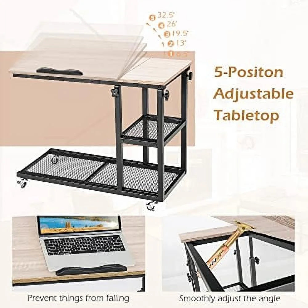 Height Adjustable C Shaped End Table with Wheels and Shelves L435025