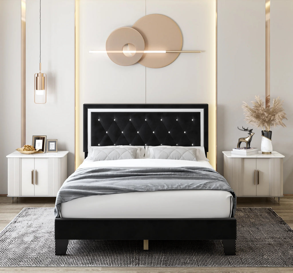 Queen Size Upholstered Platform Bed with Adjustable Headboard F104622