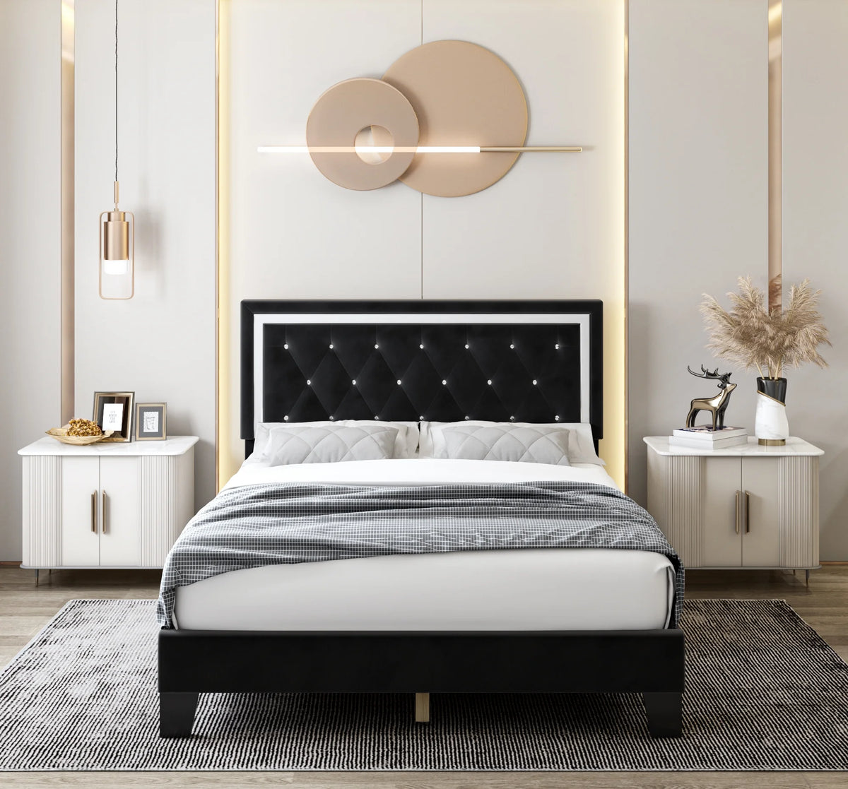Queen Size Upholstered Platform Bed with Adjustable Headboard F104622
