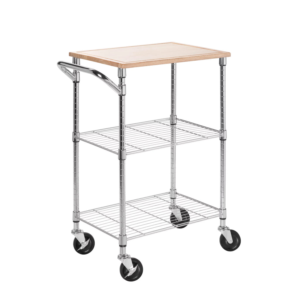 Steel and Wood 2-Tier Rolling Kitchen Storage Cart with Cutting Board Top T35380