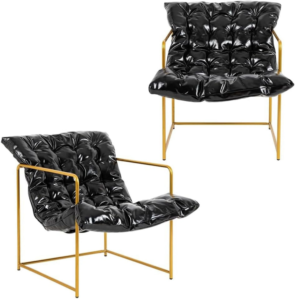 Black Faux Leather Accent Chair with Gold Metal Frame, Set of 2 E468795
