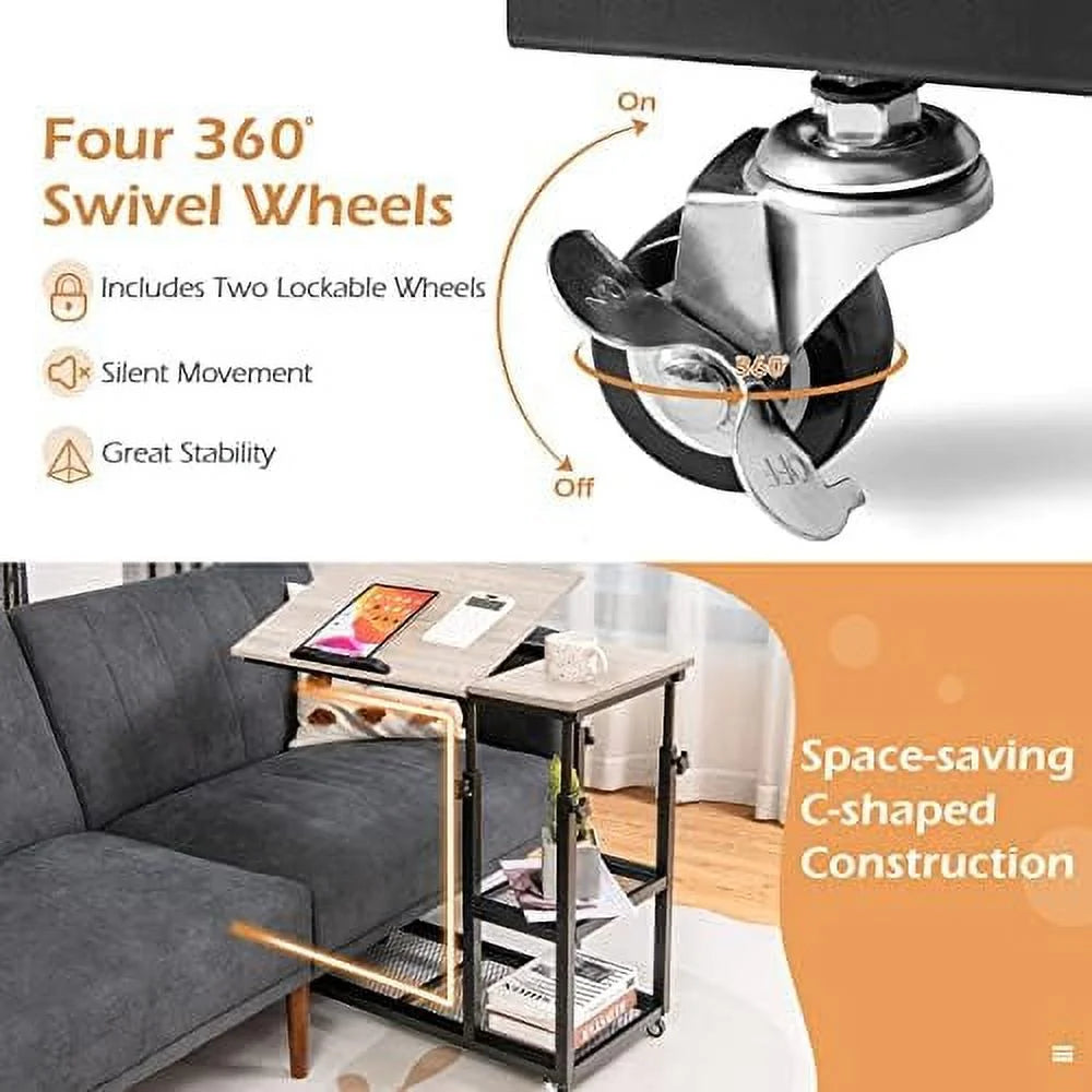 Height Adjustable C Shaped End Table with Wheels and Shelves L435025