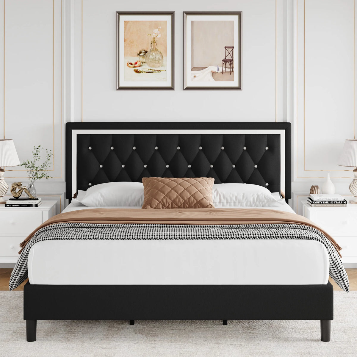 Queen Size Upholstered Platform Bed with Adjustable Headboard F104622