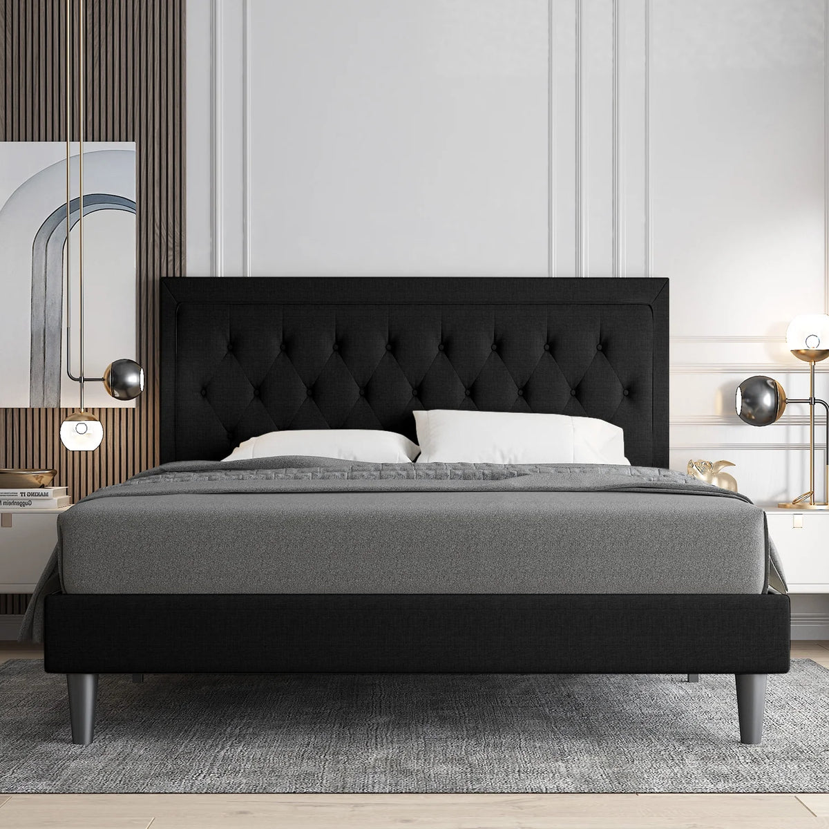 Queen Size Upholstered Platform Bed with Adjustable Headboard I225123