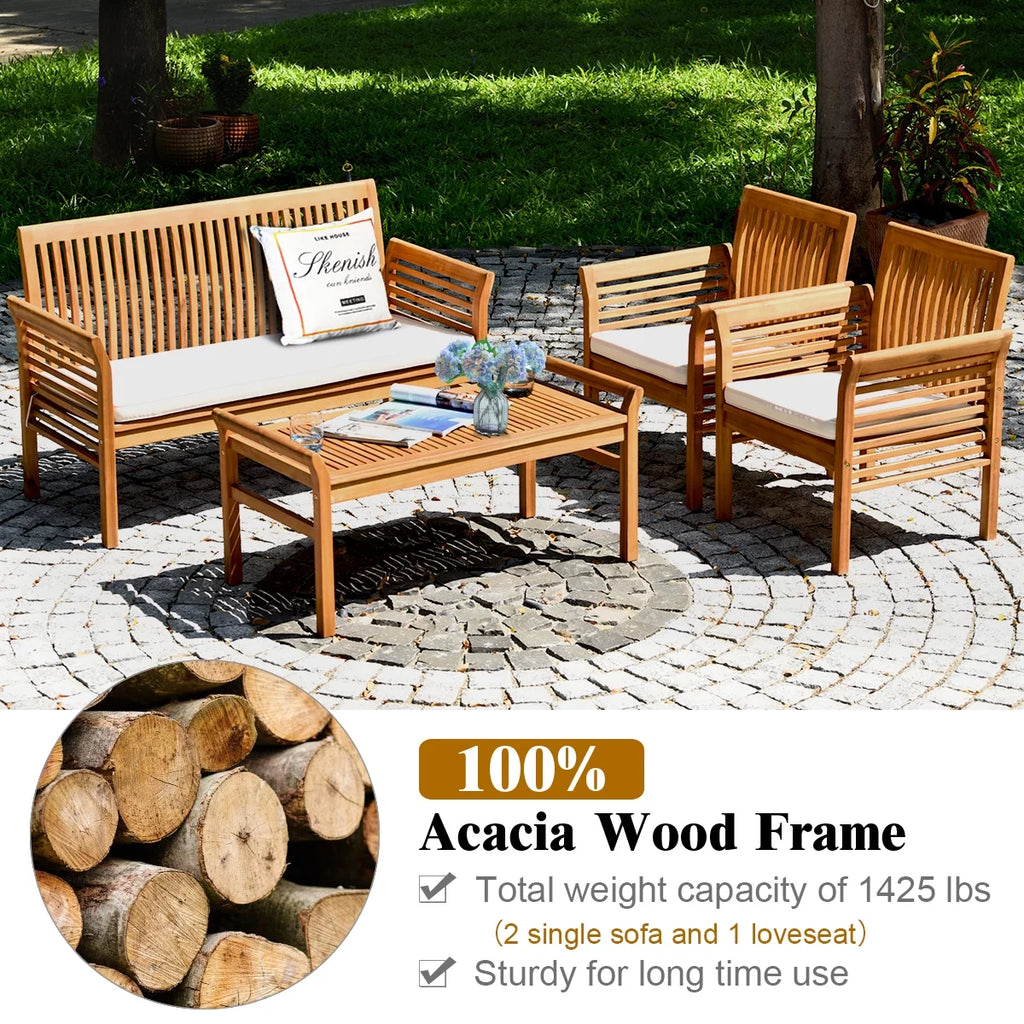 4 PCS Acacia Wood Cushioned Sofa Set F619