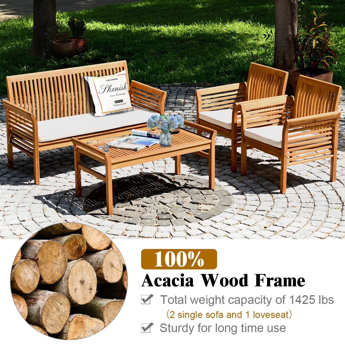 4 PCS Acacia Wood Cushioned Sofa Set F619