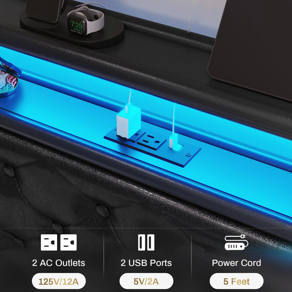 King Size Upholstered Platform Bed Frame with LED Lights and USB Charging Station D35297