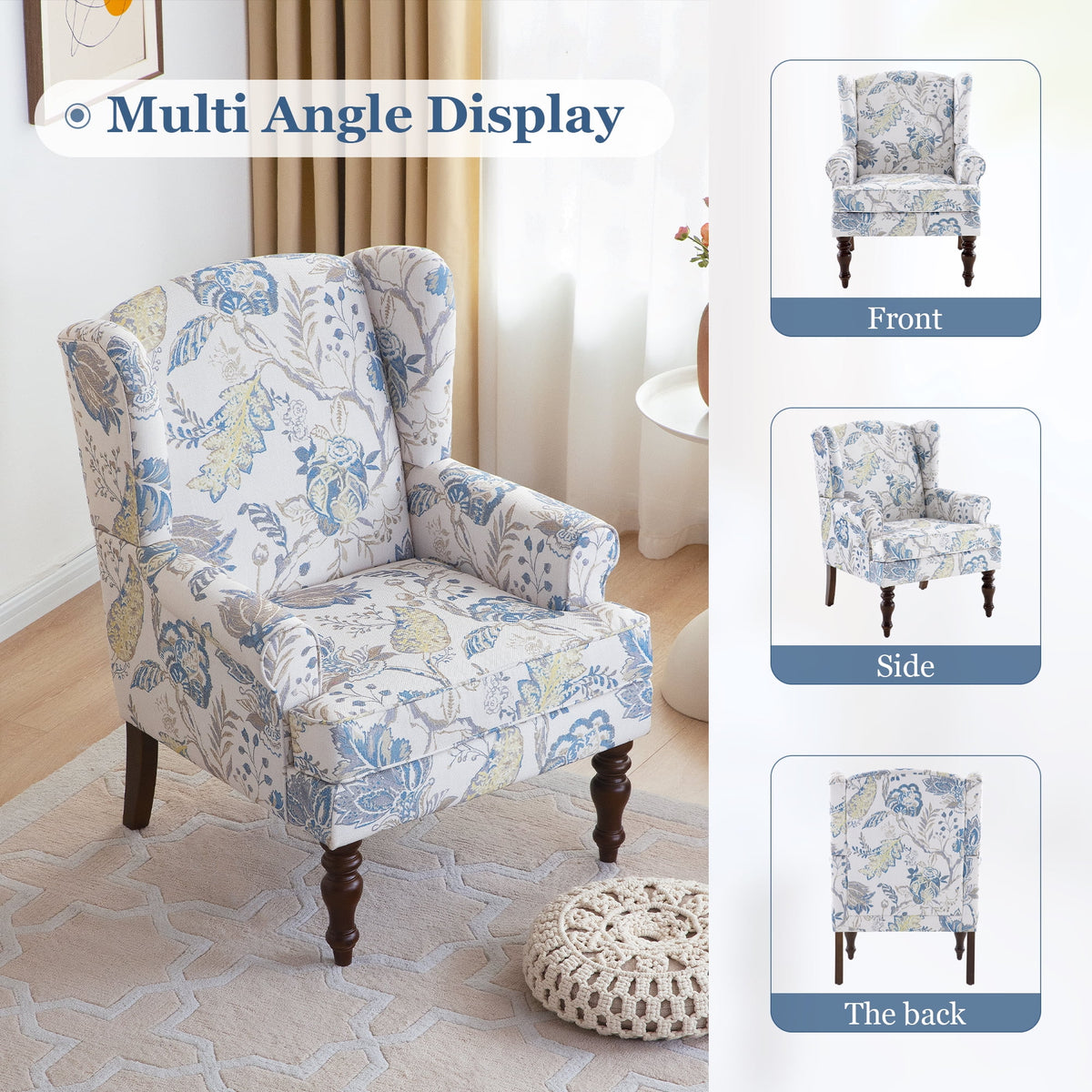 Blue Floral Print Upholstered Wingback Accent Chair with Solid Wood Legs G466580