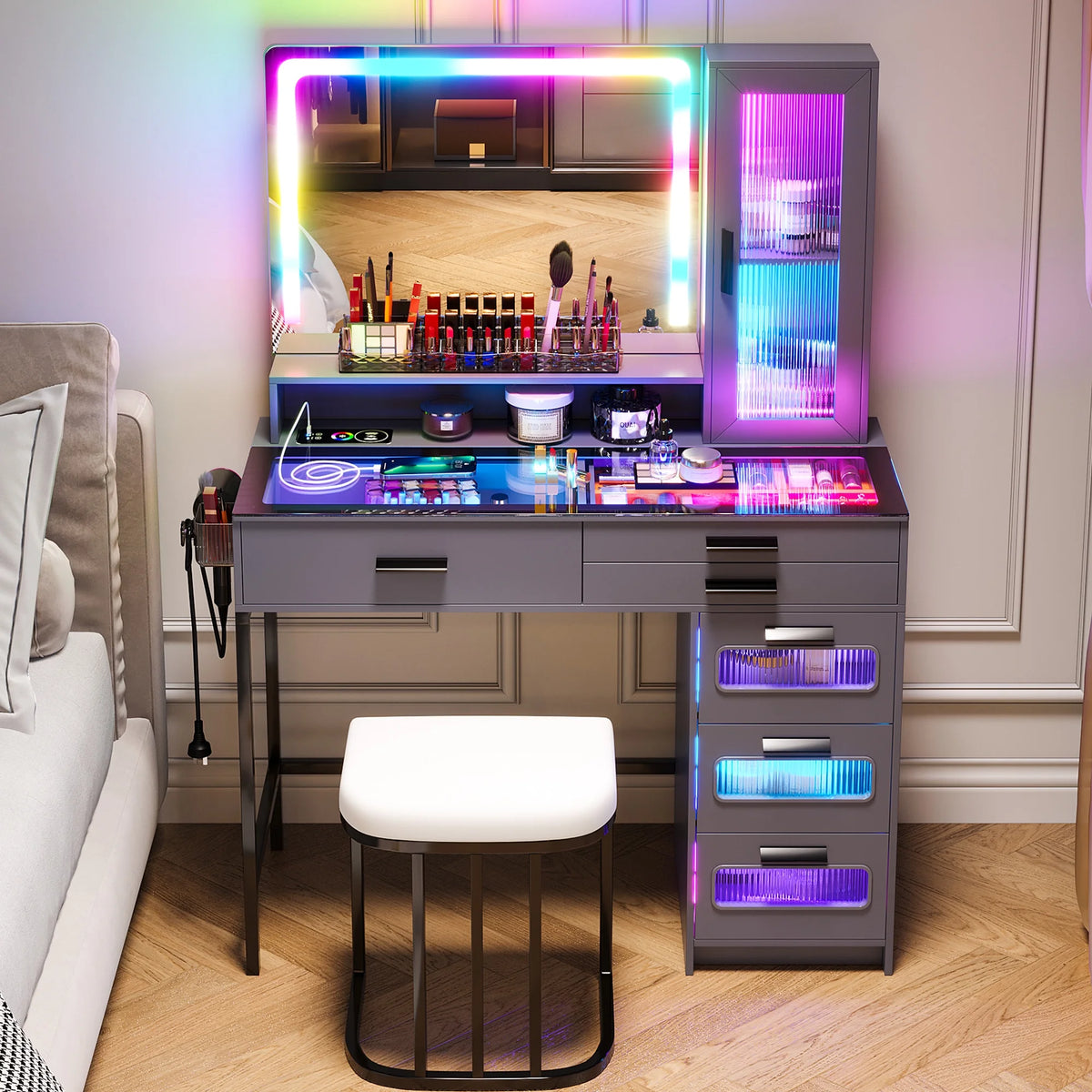 Grey Vanity Desk with Mirror and 6 Drawers H57640