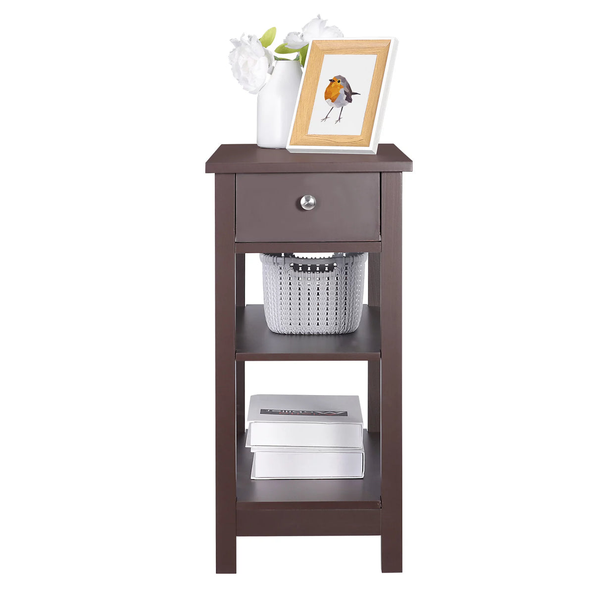 2 Pack 3-Tier Narrow MDF End Table with Drawer & Storage Shelf H55133