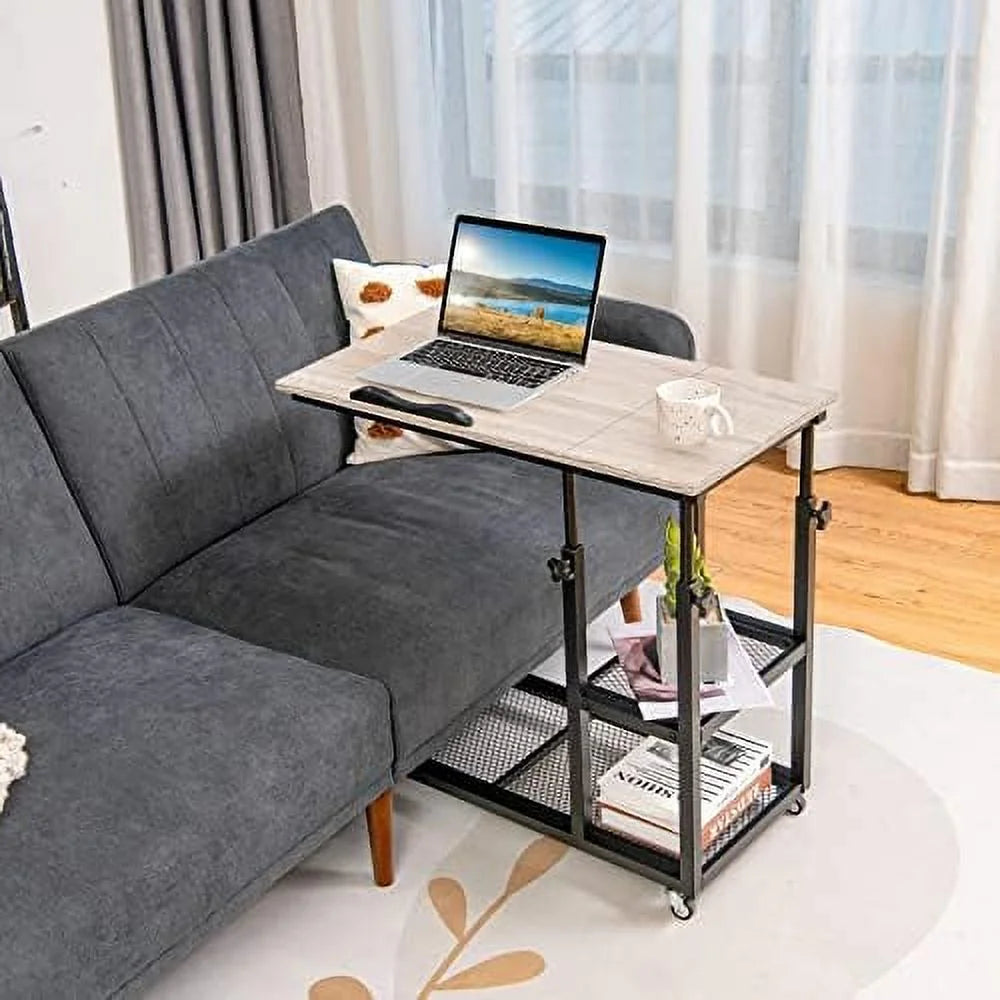 Height Adjustable C Shaped End Table with Wheels and Shelves L435025