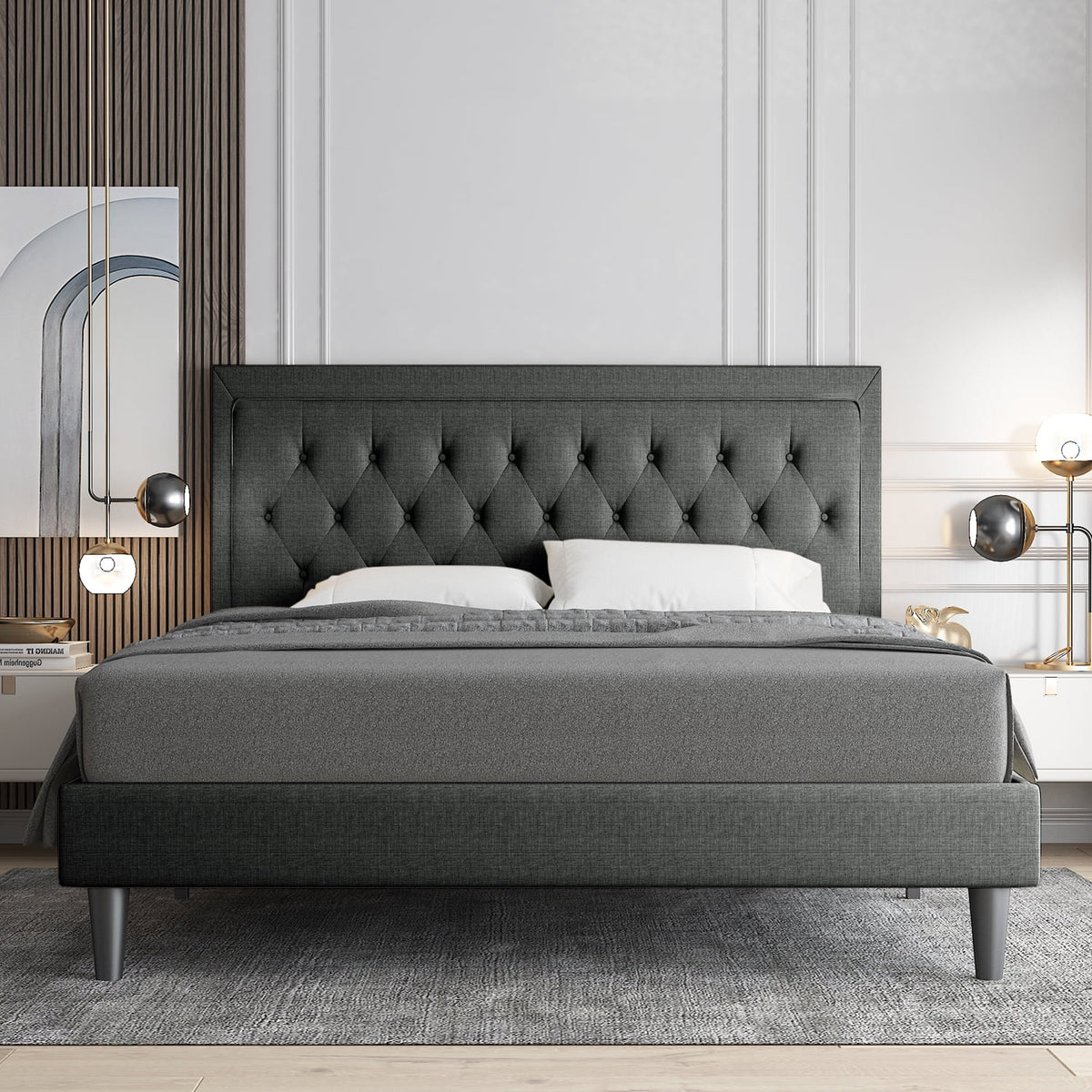 Queen Size Upholstered Platform Bed with Adjustable Headboard I225123