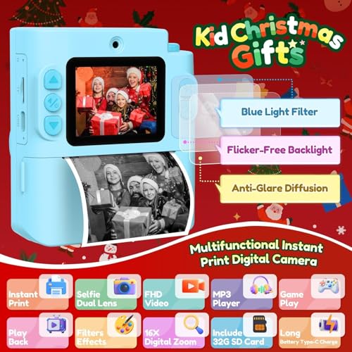Instant Print Dual Lens Digital Camera with 32G SD Card Storage Bag Pink J26661